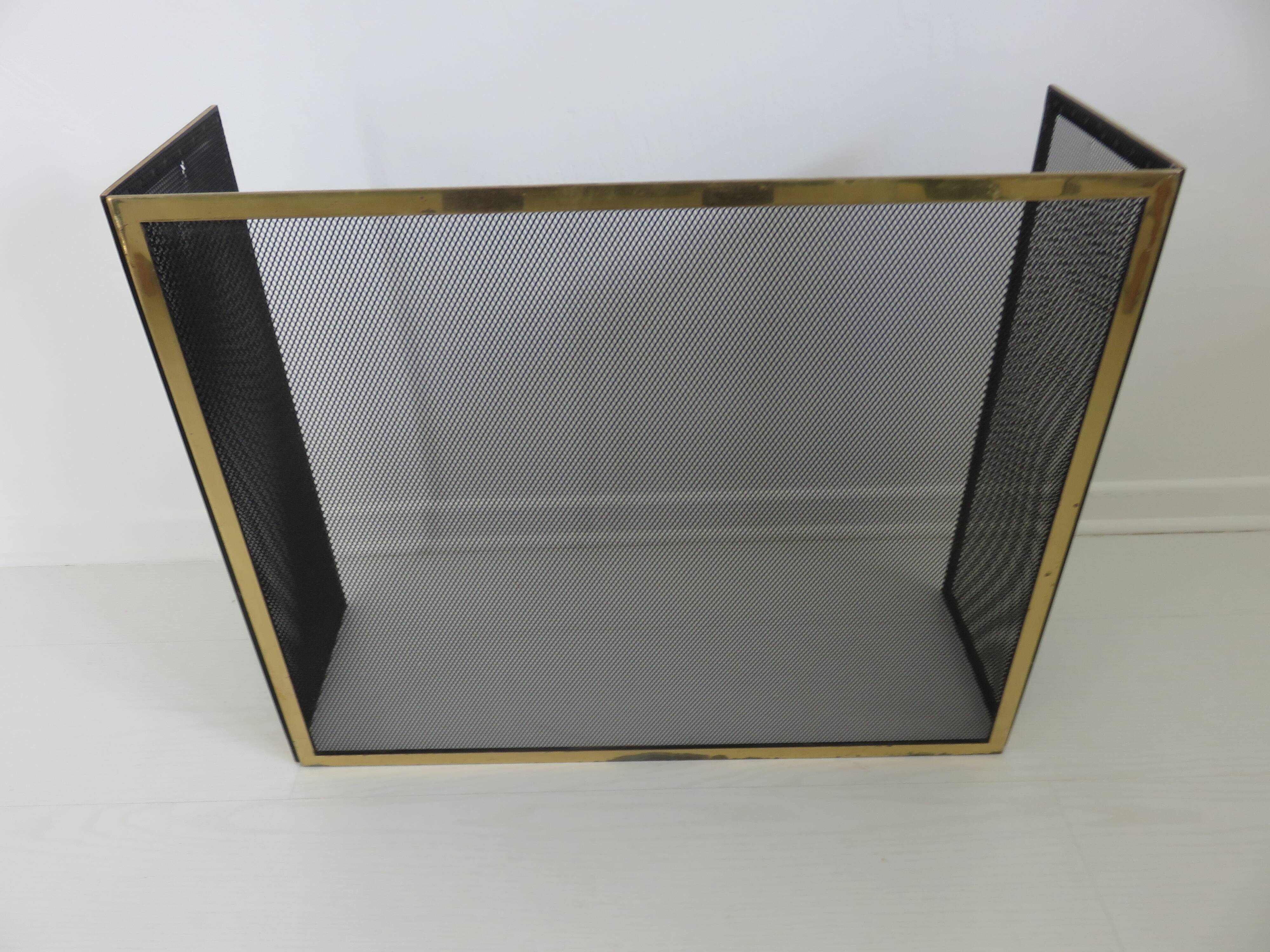 Fire screen, 3-panel brass spark screen for fireplace, modernist, minimalist, 1970