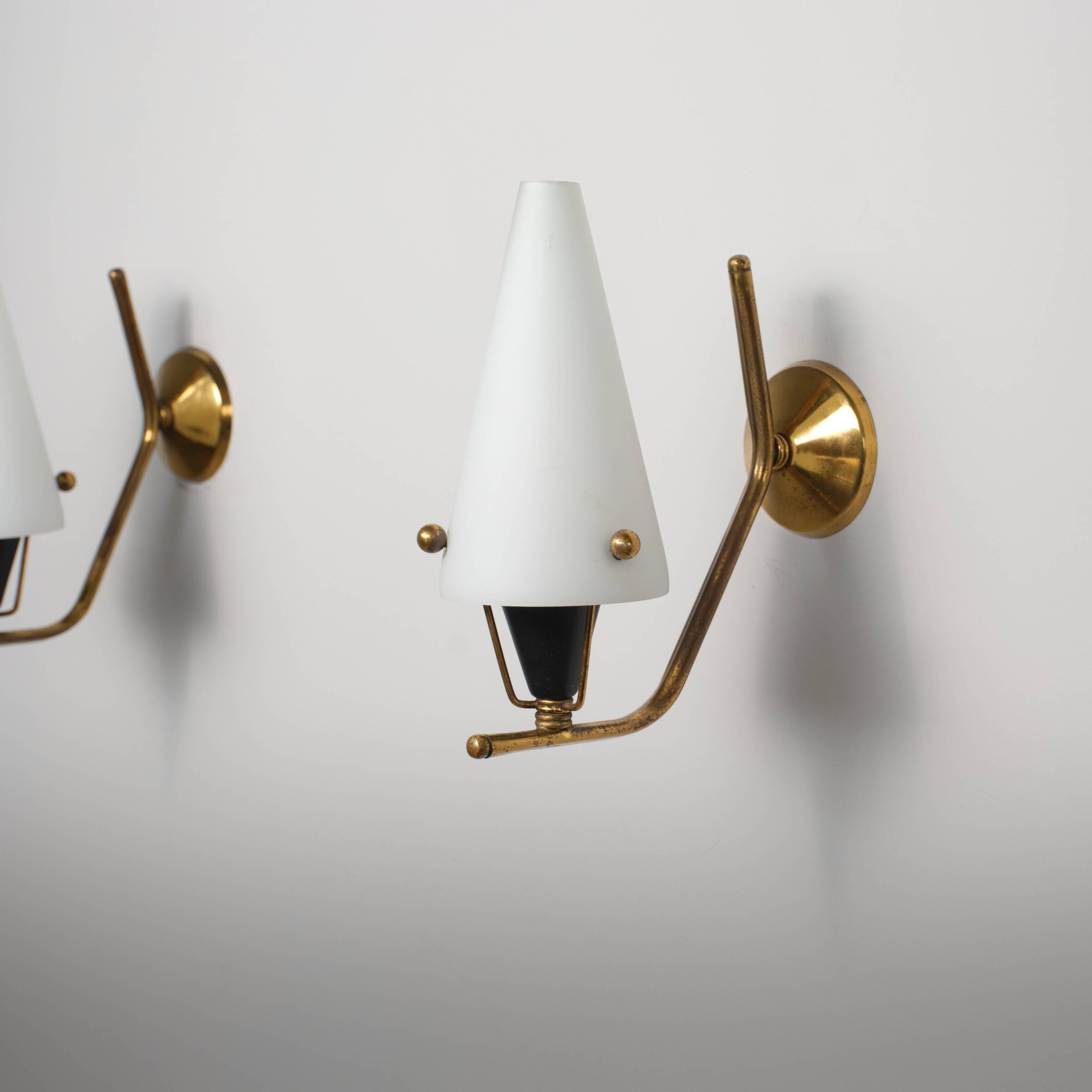 Pair of 1950s Italian Brass Sconces with Conical Opaline Glass Shades