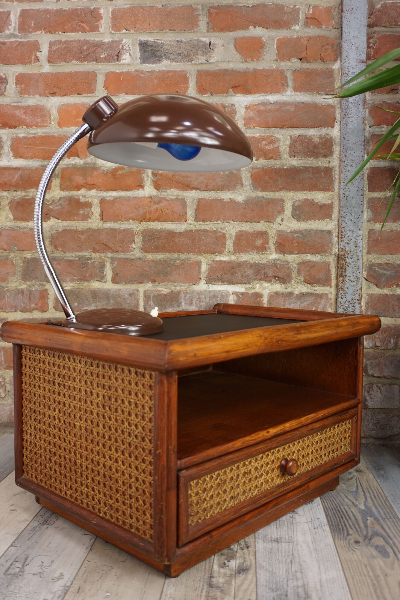Pair of wooden bedside tables, rattan, canning and faux black leather