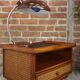 Pair of wooden bedside tables, rattan, canning and faux black leather