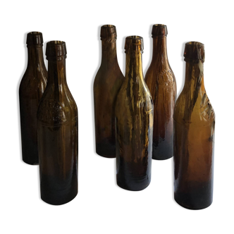 Set of 6 brown smoked glass bottles