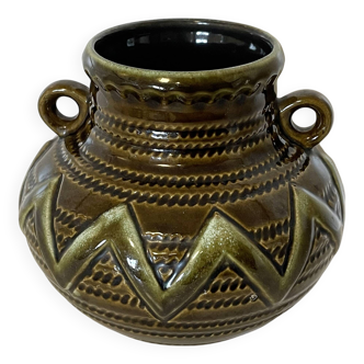Vase en zigzag vert-brun Strehla Keramik 1247 - Céramique est-allemande de la RDA