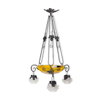 Chandelier, Art Nouveau wrought iron and glass paste cup and flowers