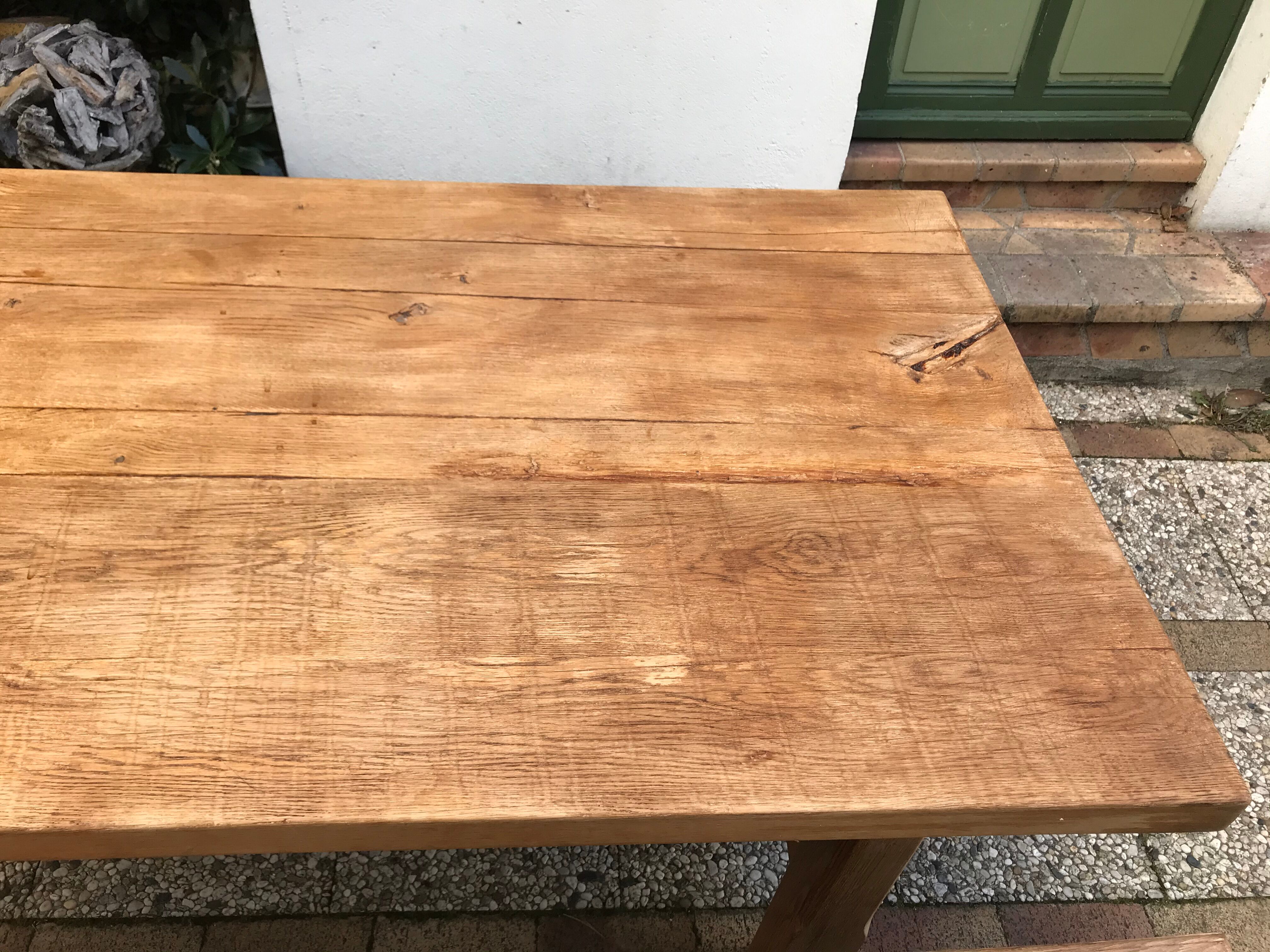 Farm table and two solid oak benches