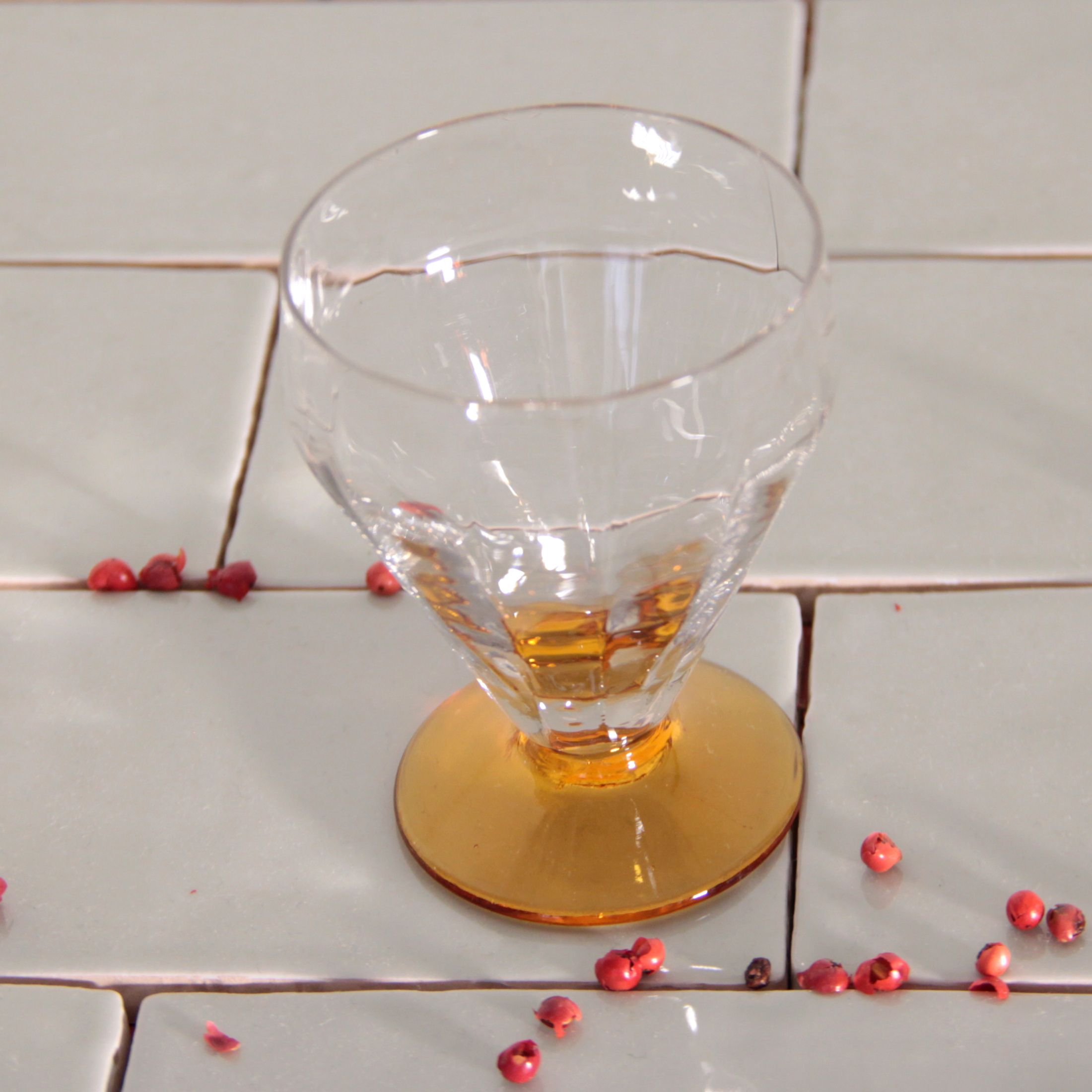 Set of 9 antique art deco wine glasses vintage amber foot
