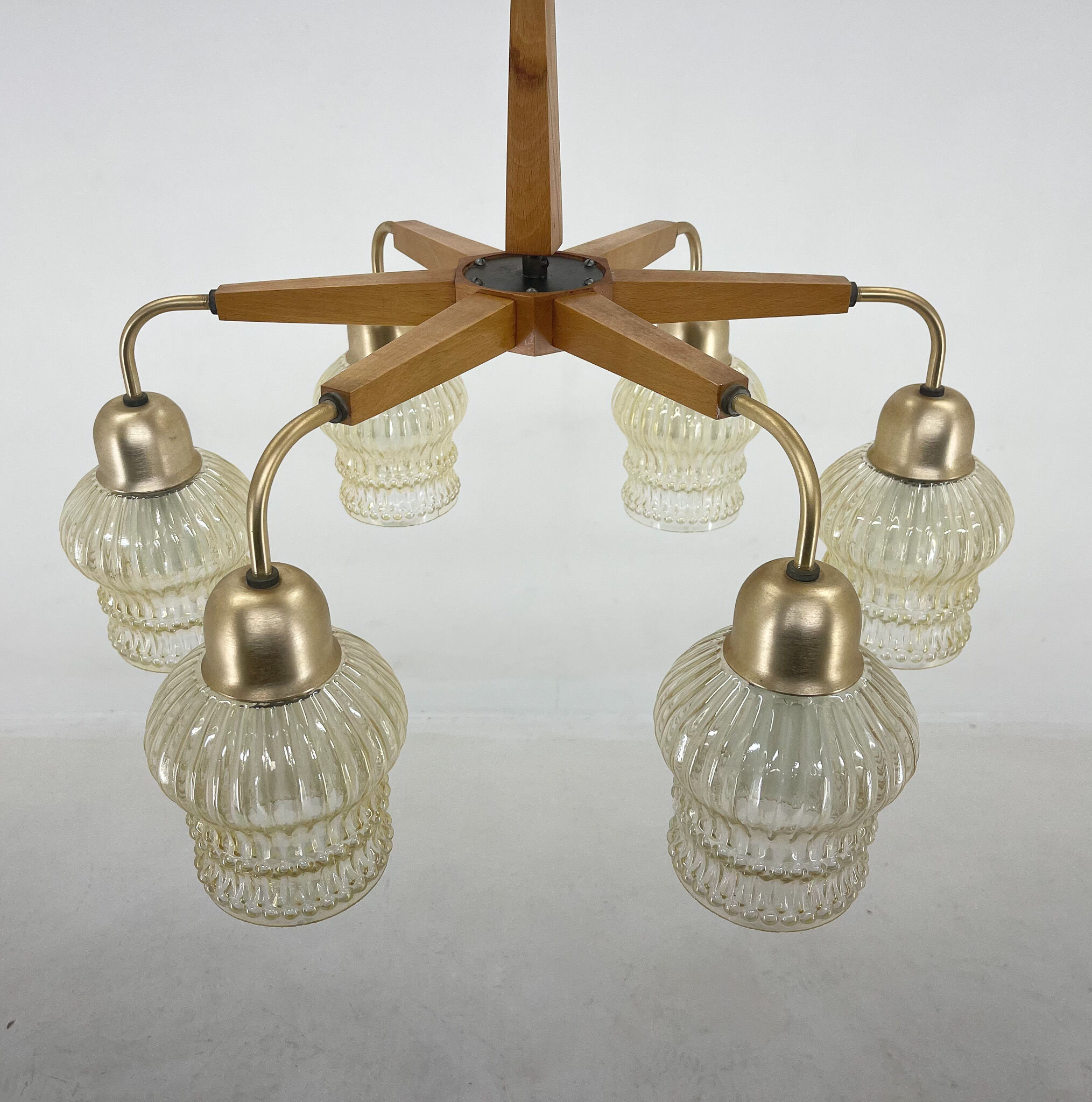 1970's Wood & Glass 6-arm Chandelier, Czechoslovakia