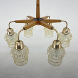 1970's Wood & Glass 6-arm Chandelier, Czechoslovakia