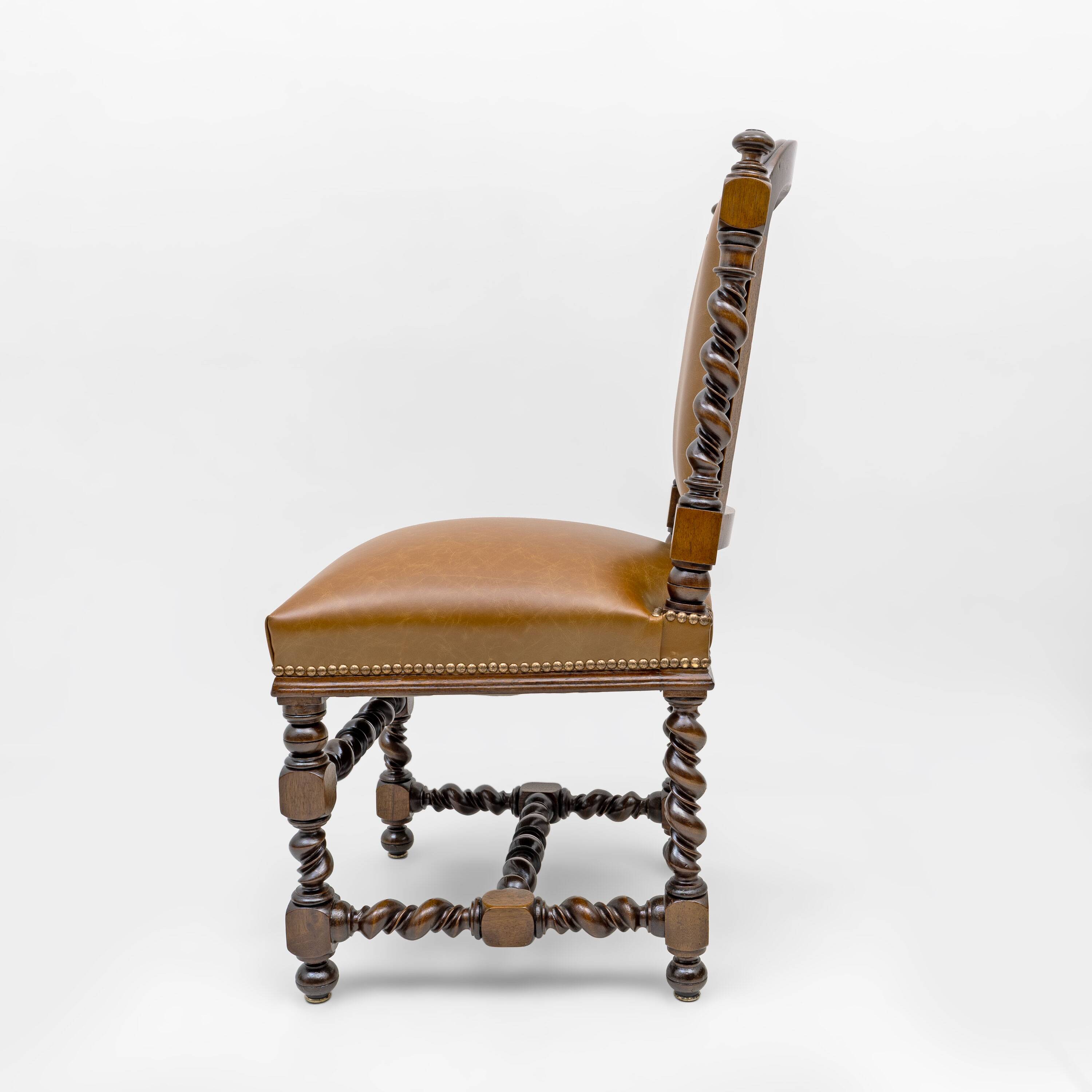 Six Antique Italian Neo-Renaissance Walnut Dining Chairs in Genuine Leather