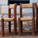 Brutalist chairs in pine and straw, France, 1950s, set of 4