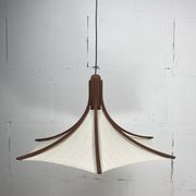 Teak and linen umbrella counter balance pendant by Domus, 1970s