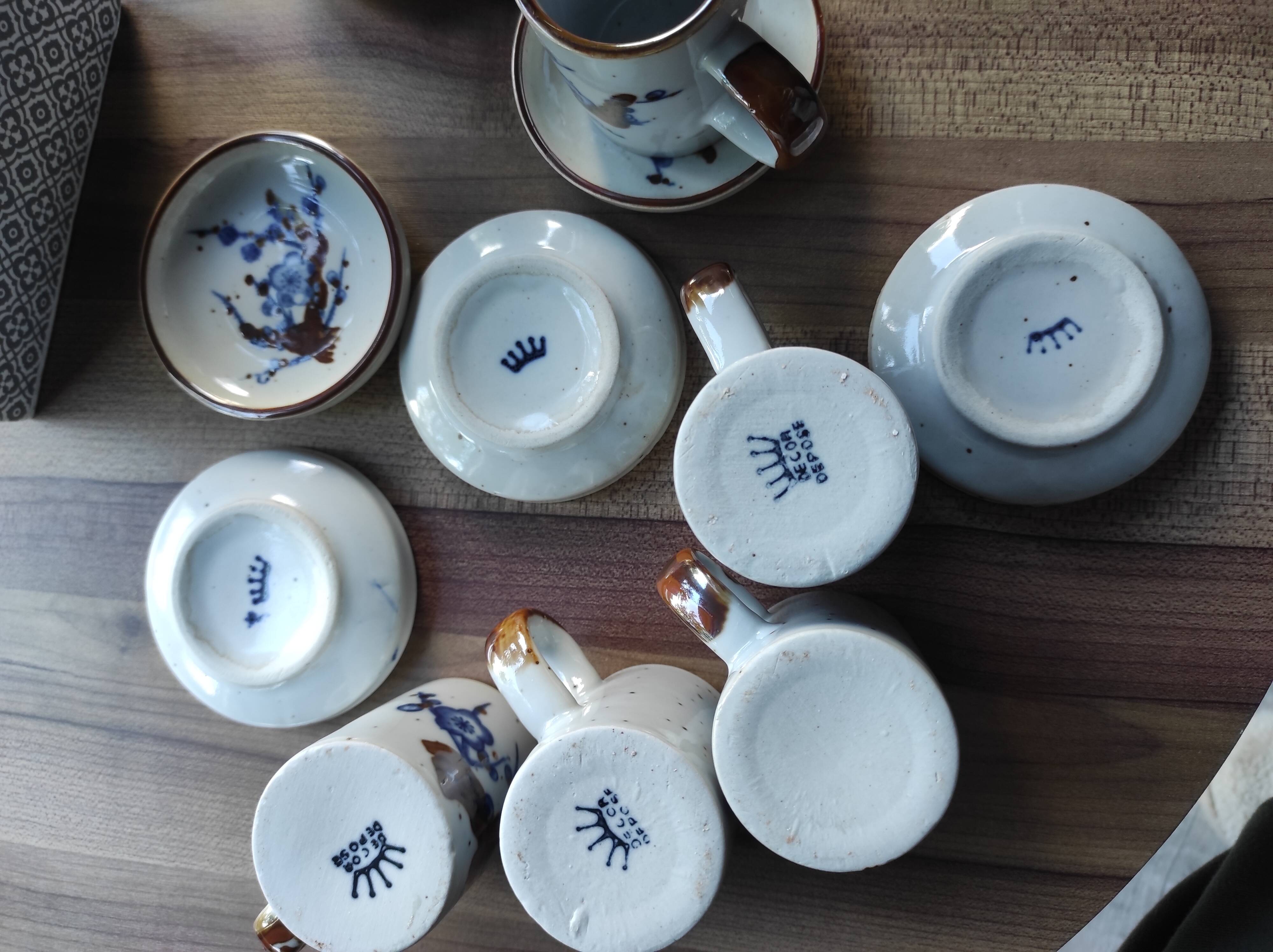Set of 6 French stoneware coffee cups and 6 saucers