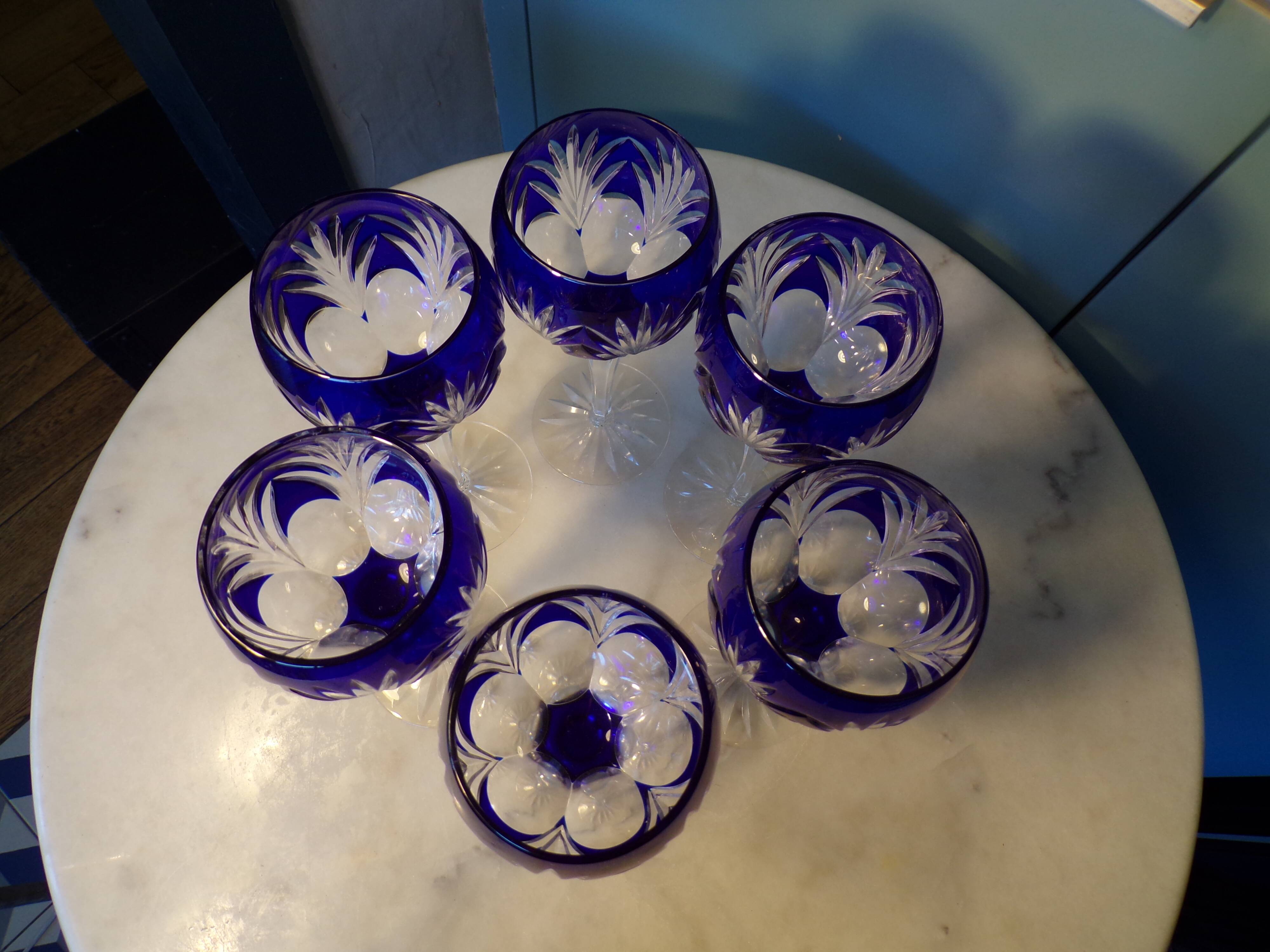 6 cut crystal cobalt blue wine glasses h=20cm