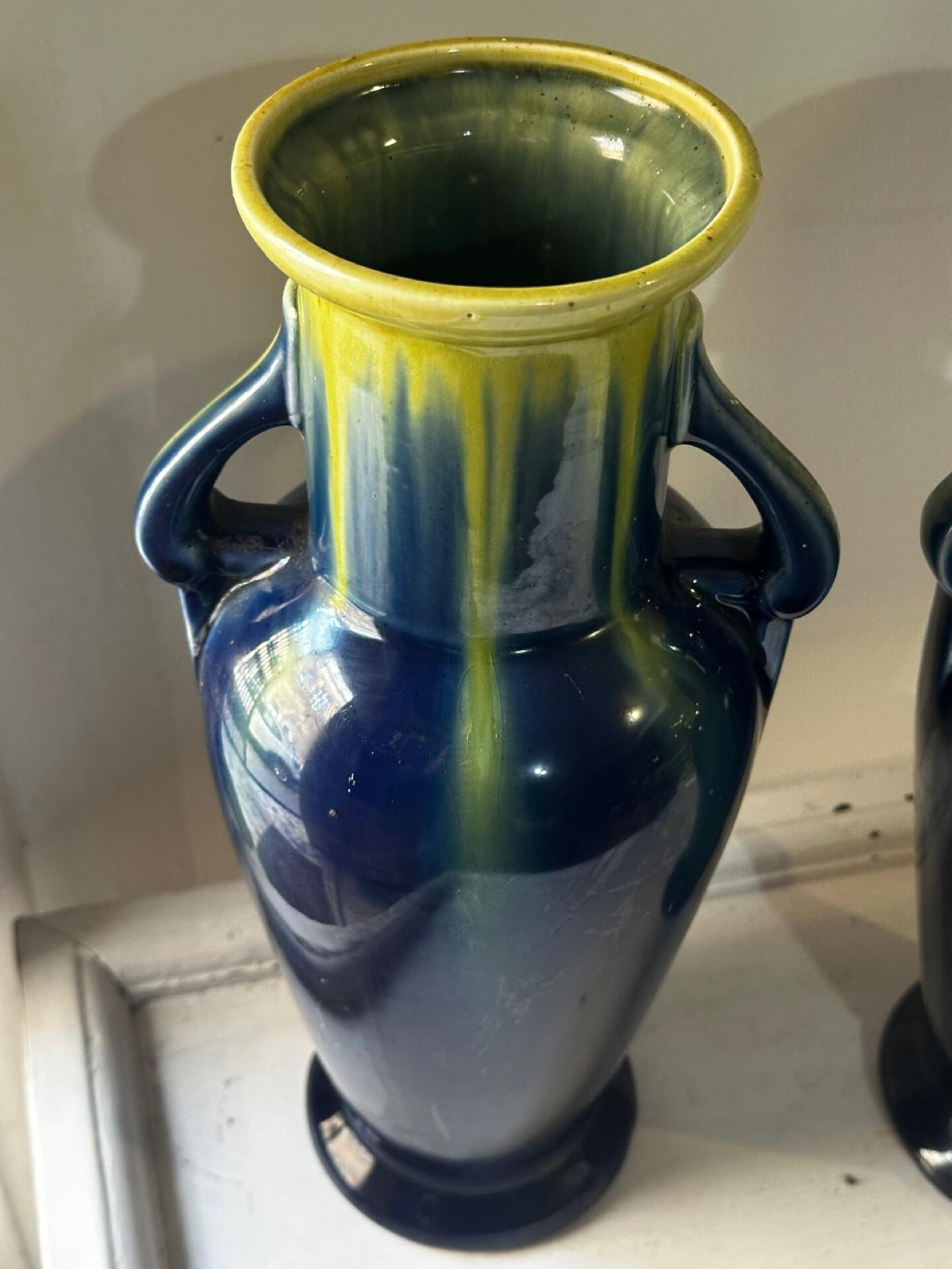 Pair of amphora vases Saint-Clément, glazed ceramic in blue and green.