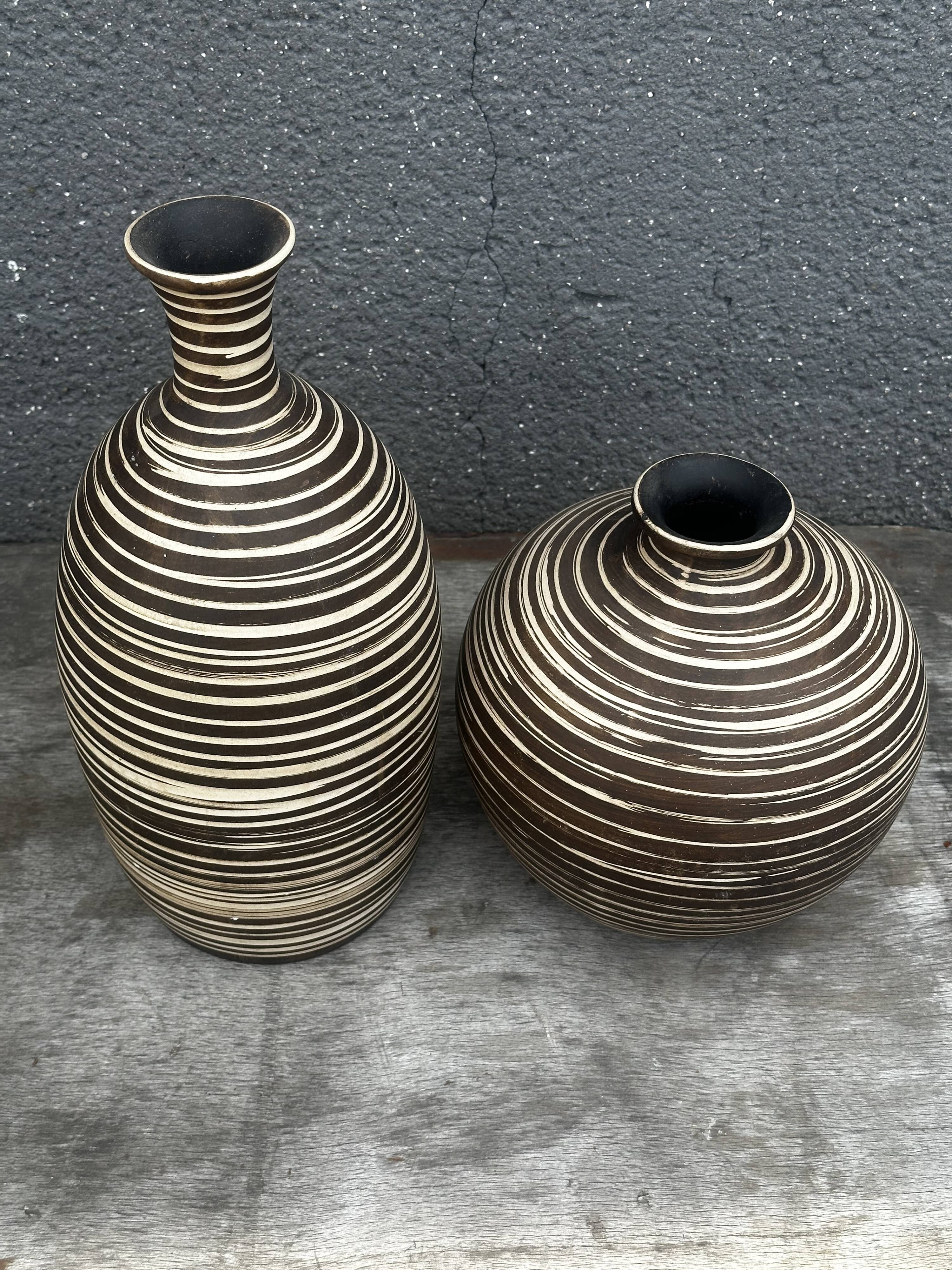 Two Vintage Ethnic Ceramic Vases in Cream and Brown Striped
