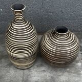 Two Vintage Ethnic Ceramic Vases in Cream and Brown Striped