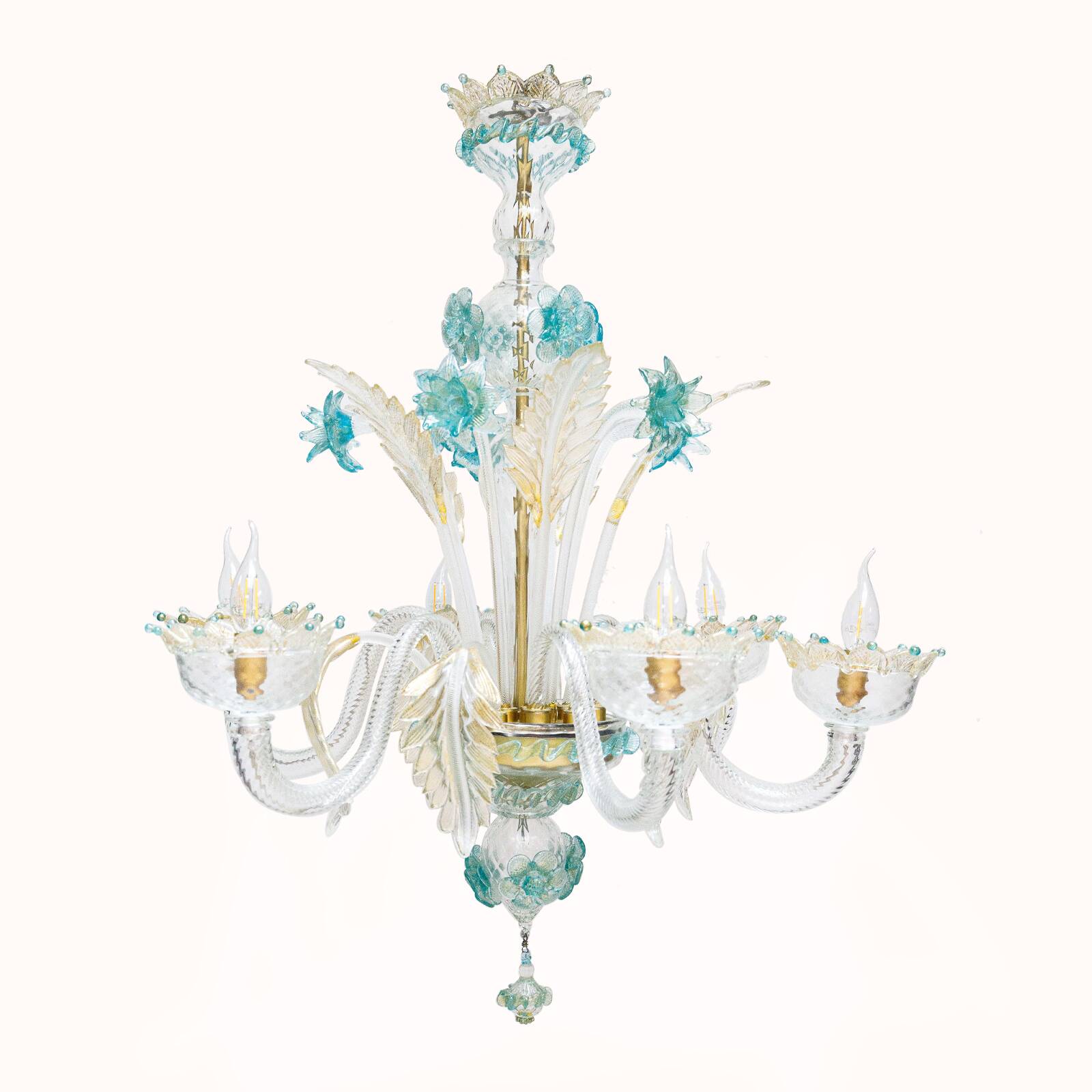 Venetian Murano Glass 6-Light Chandelier in White and Blue