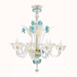 Venetian Murano Glass 6-Light Chandelier in White and Blue