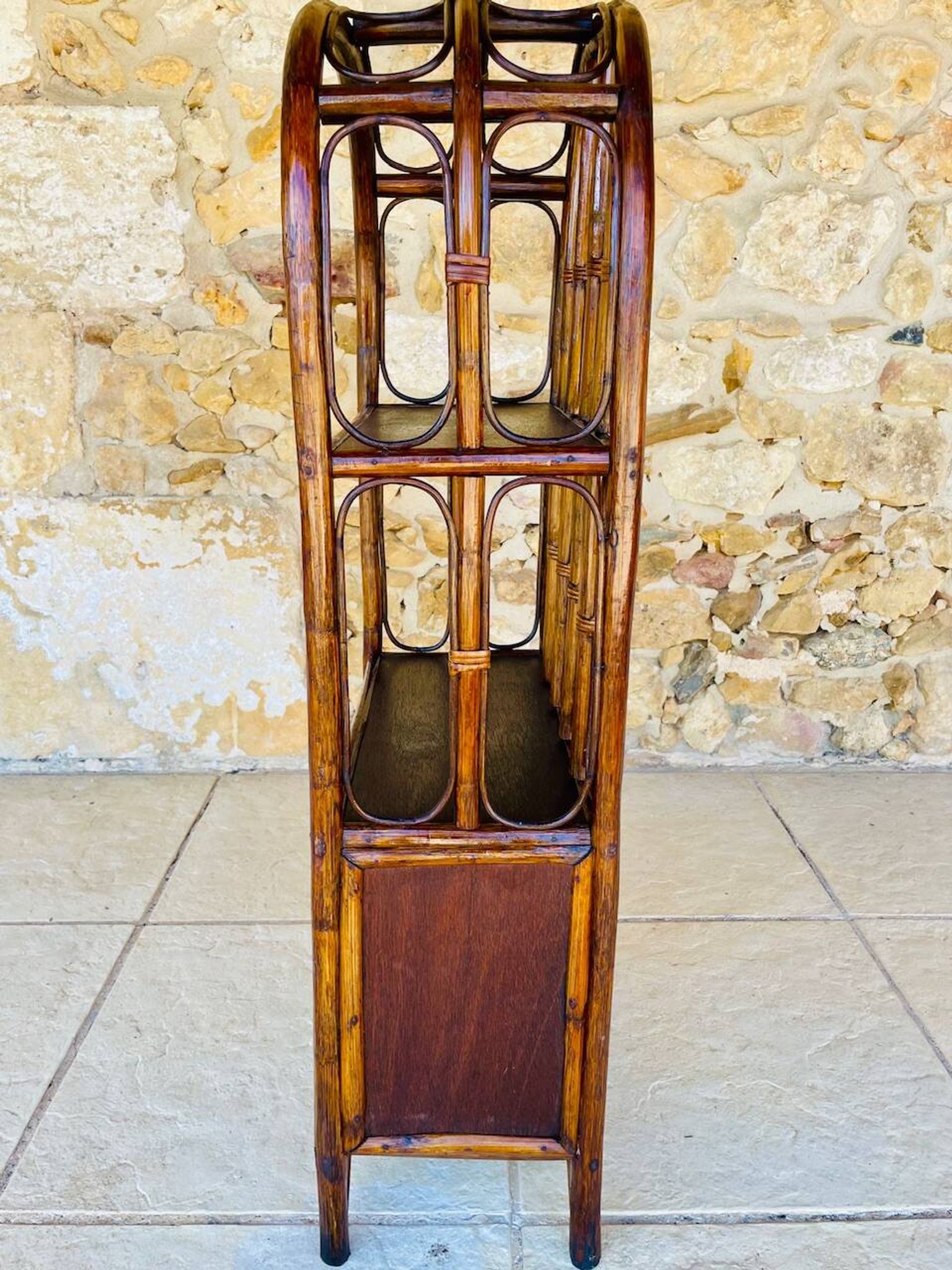 Vintage two-tier bamboo and rattan shelf with storage, Circa 1960