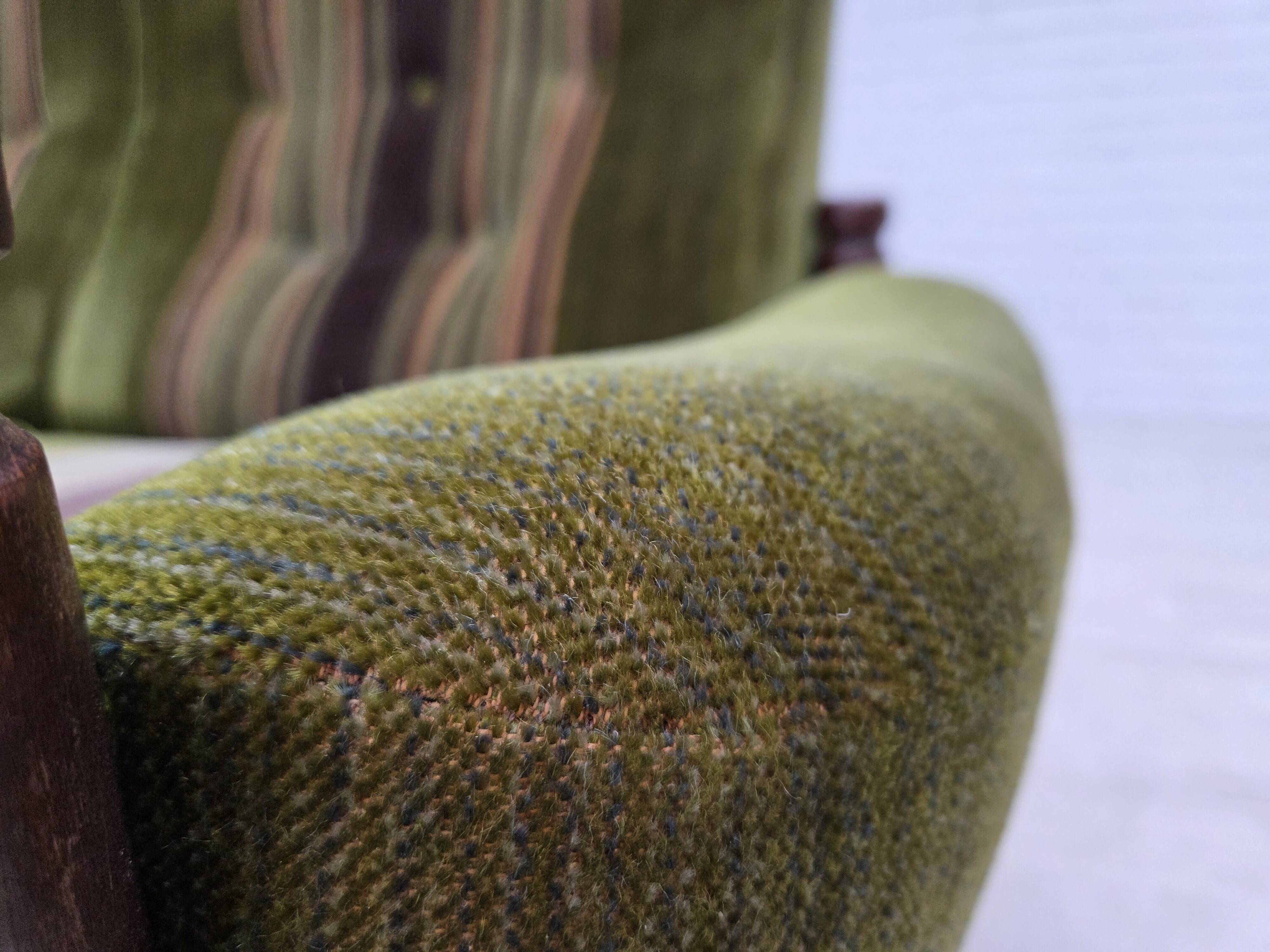 1970s, Scandinavian 2-seater sofa, green furniture velour, beech wood.