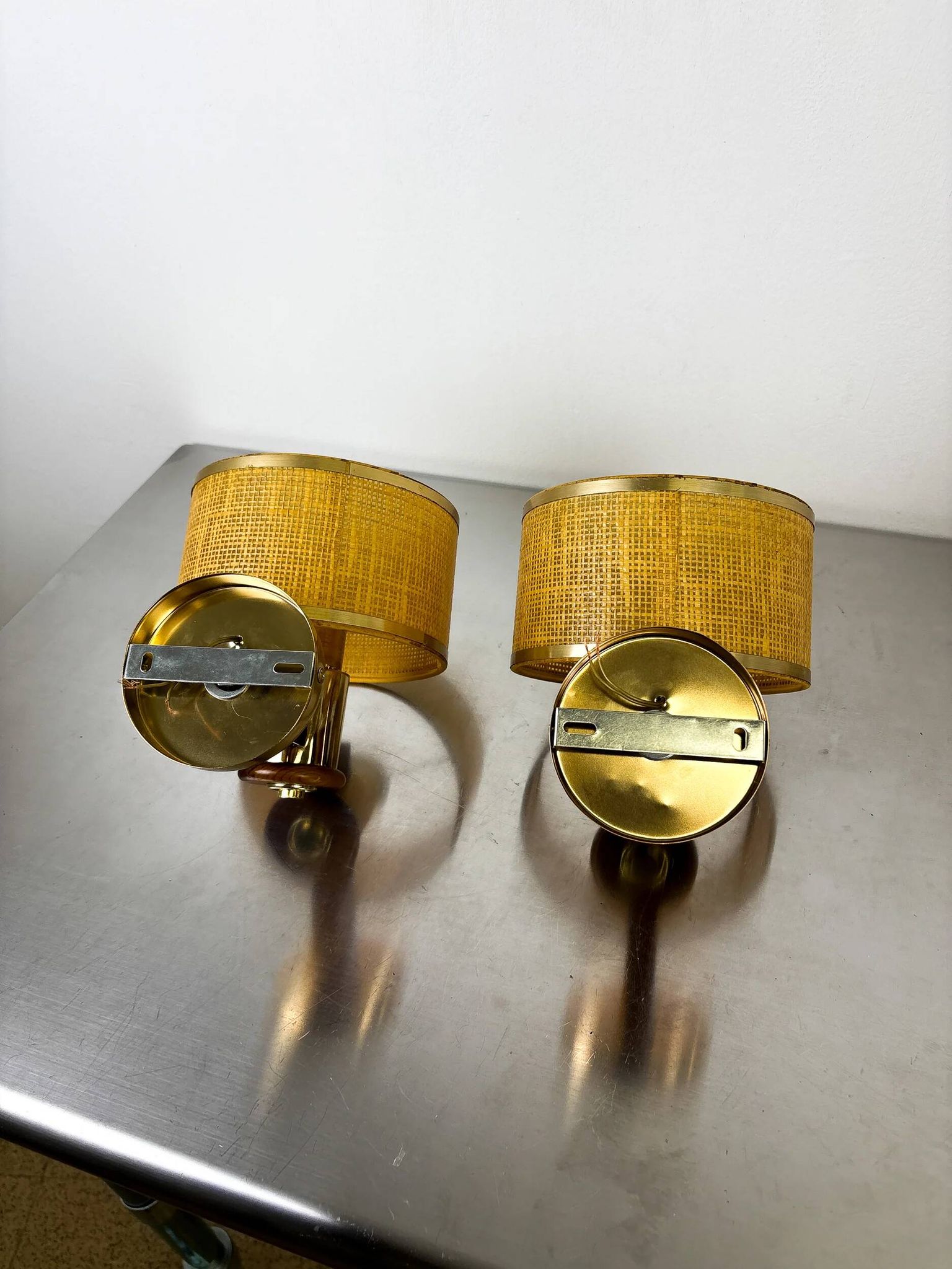 Pair of vintage rattan & wood wall sconces, Italy, circa 1970s
