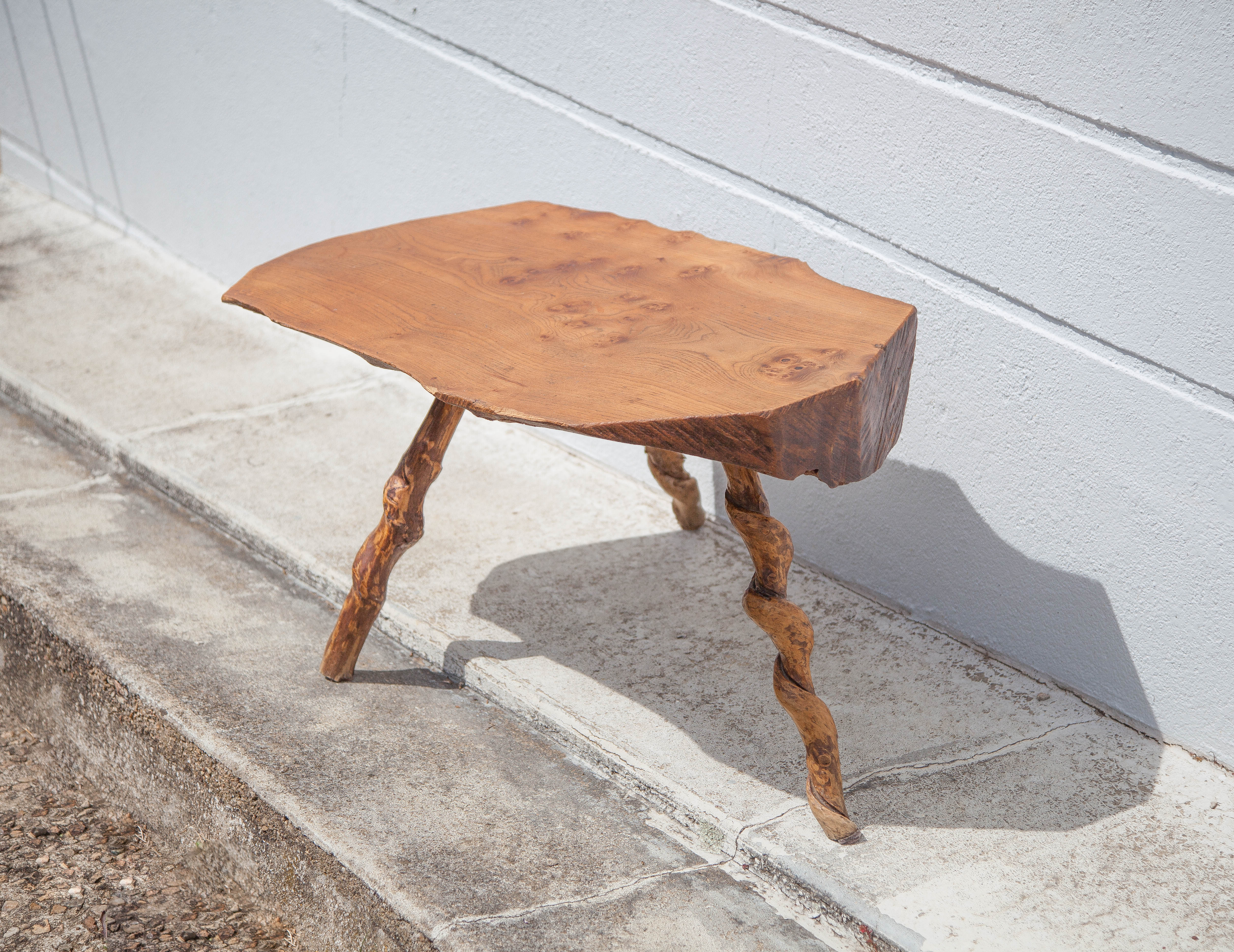 Tripod wood table, root table, natural wood table, vintage coffee table, brutalist