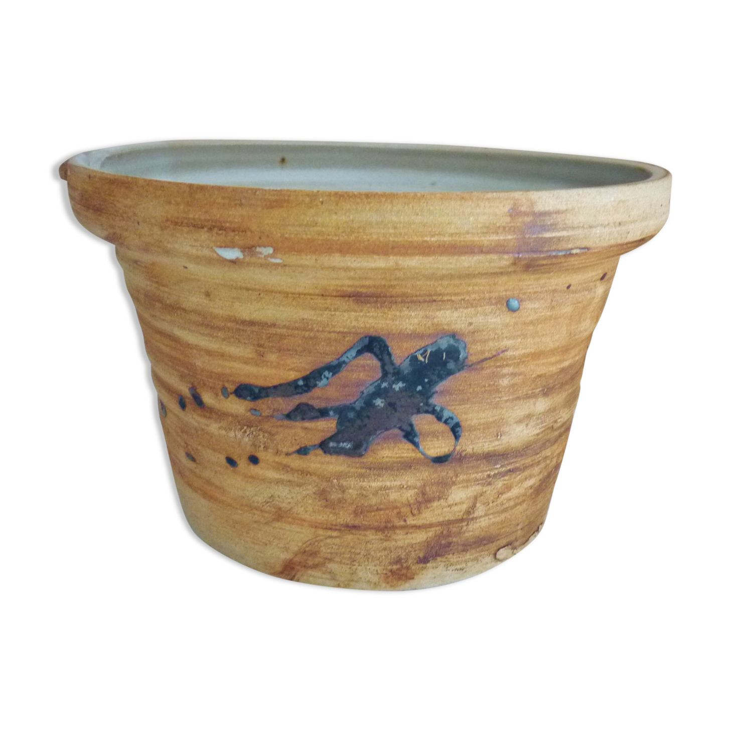 Ceramic "tachiste" flowerpot, signed La Poterie du colombier, the dove, 1970s