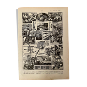 Lithographie gravure sur le tissage et la filature de 1922