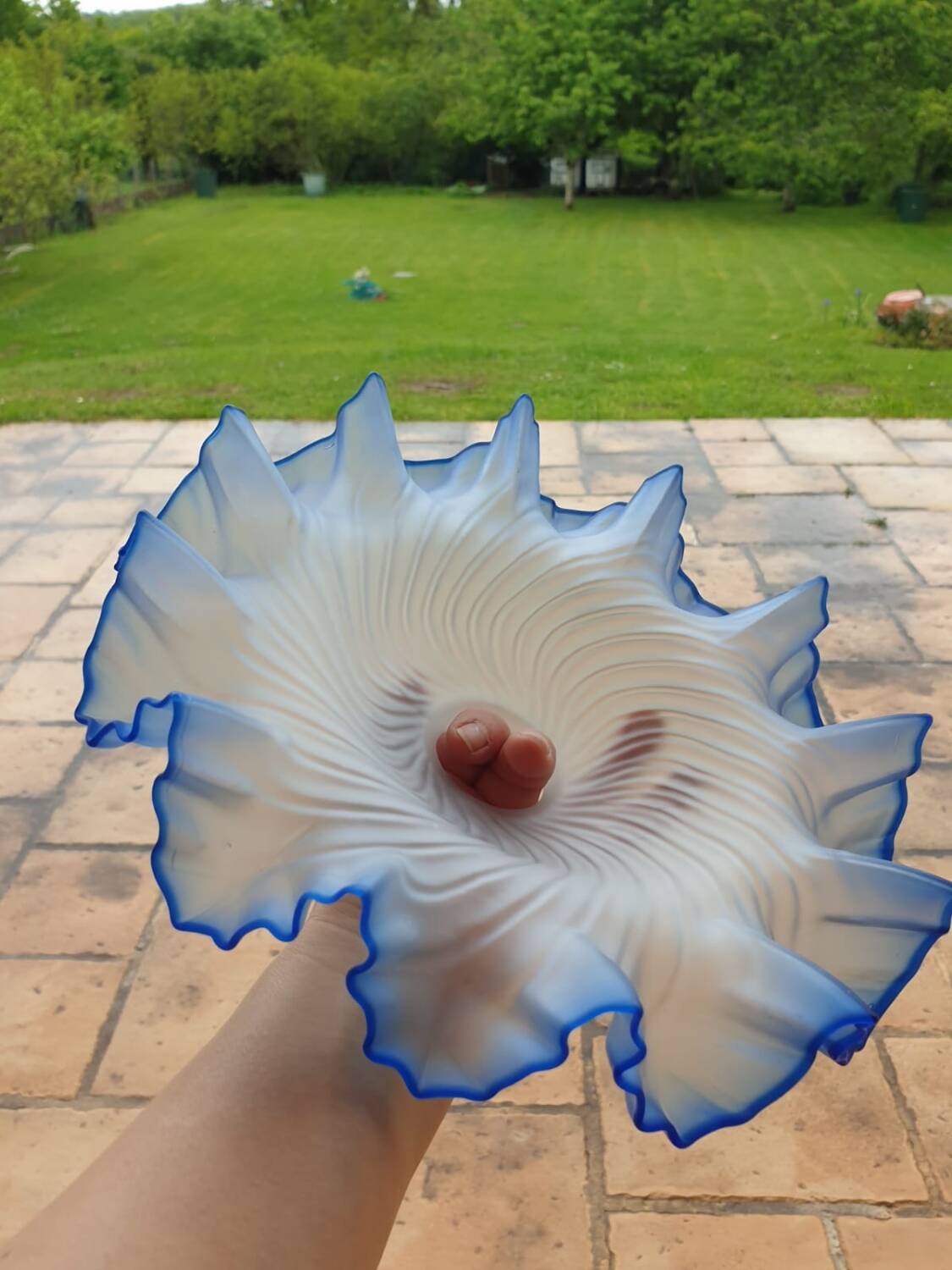 White and blue skirted opaque glass lampshade