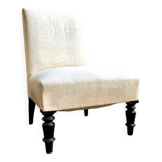 Armchair, fireside chair in beige cotton and black wood
