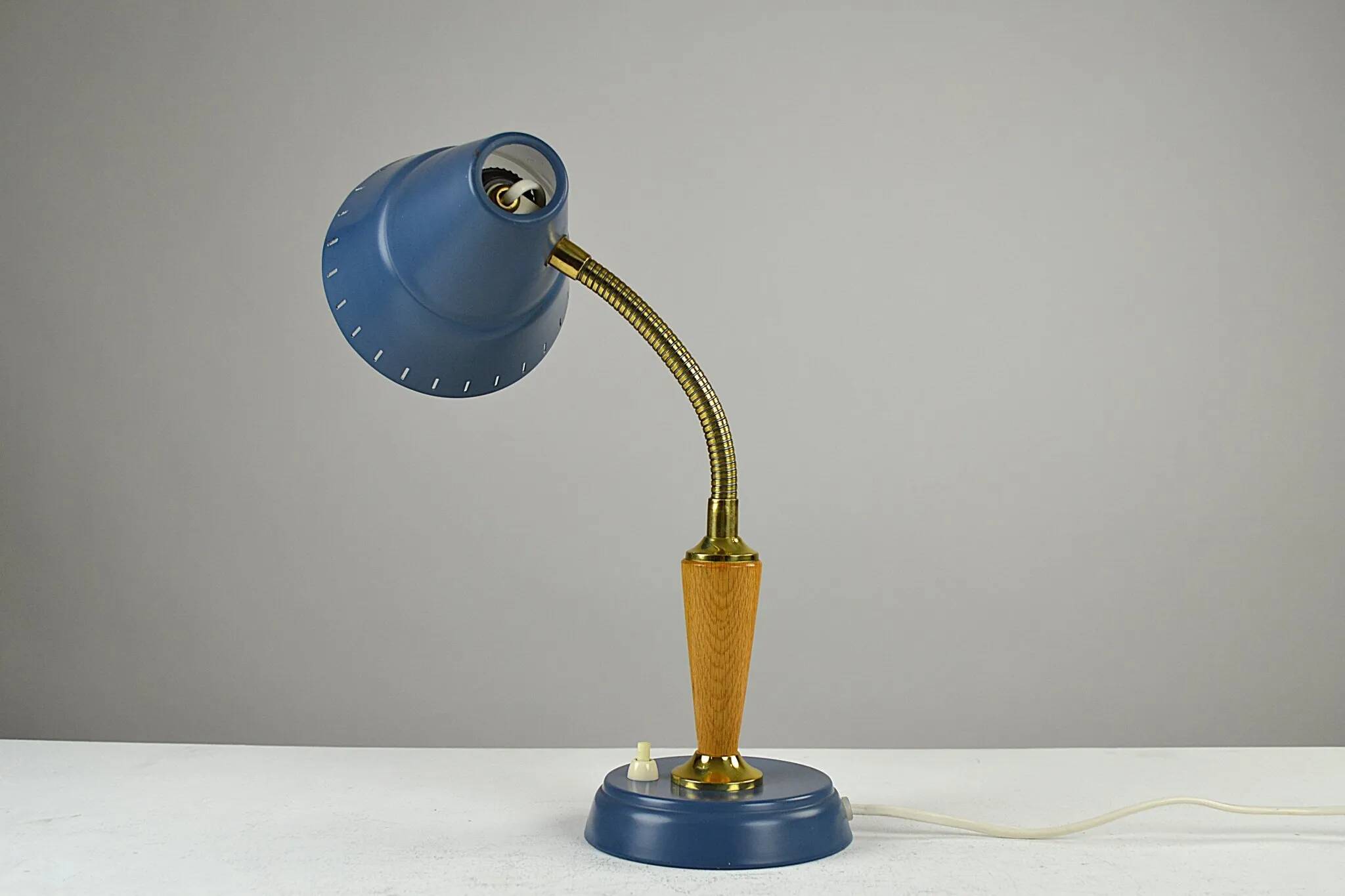 Blue Metal, Brass & Teak Table or Desk Lamp by Ringus, Sweden, 1950s
