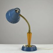 Blue Metal, Brass & Teak Table or Desk Lamp by Ringus, Sweden, 1950s