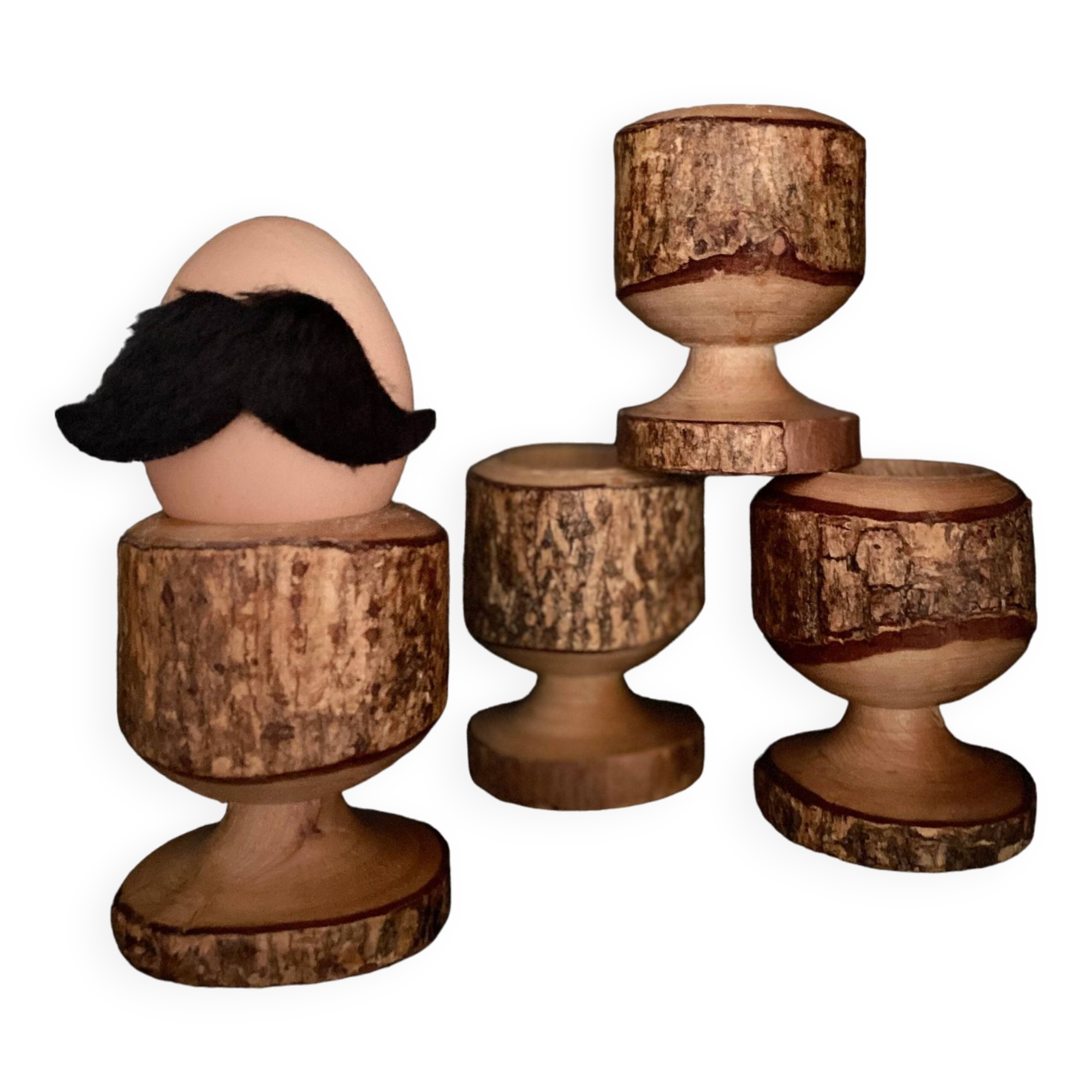 Brutalist egg cups in vintage raw solid wood