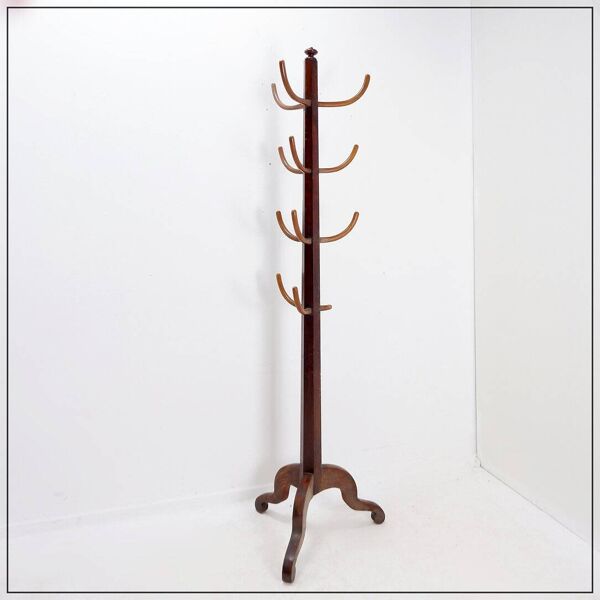 Porte-manteau ou chapeau vintage en bois sur trépied