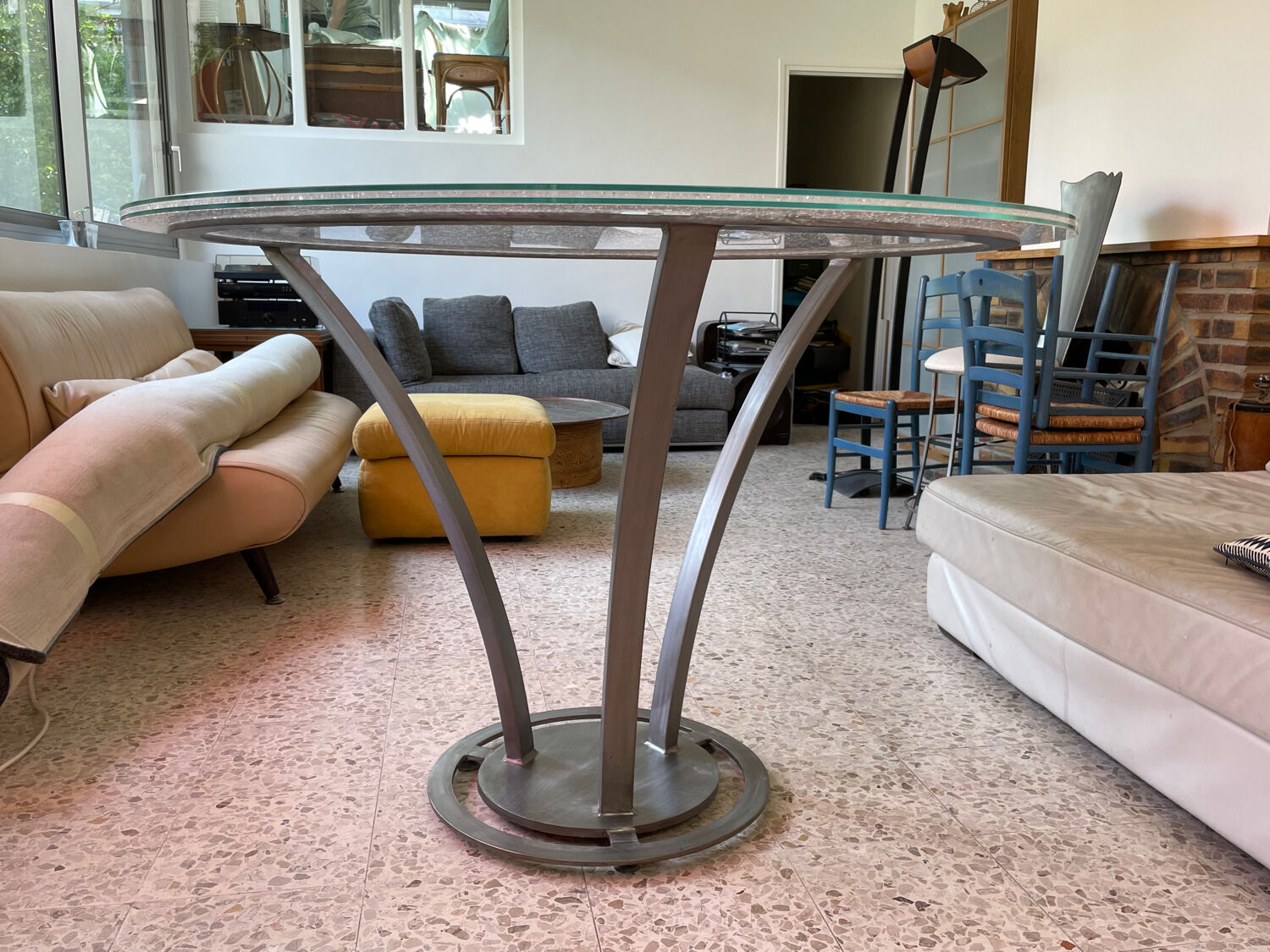 Design glass and steel high table 6-8 seats