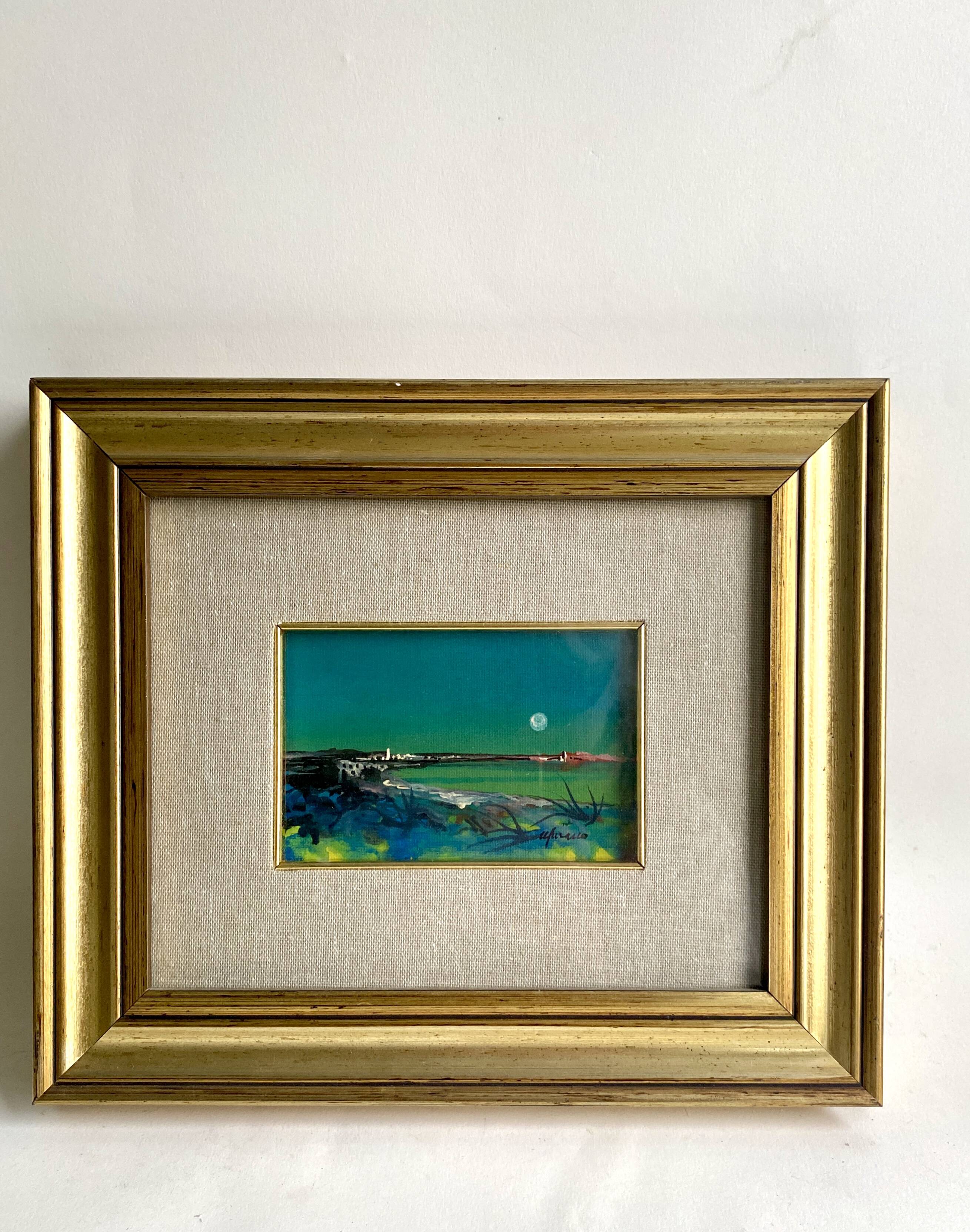 Huile 1990 sous verre cadre bois