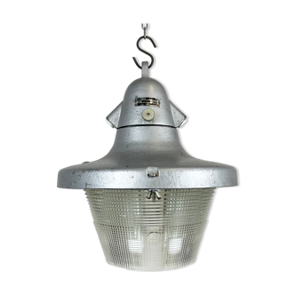 Industrial grey cast aluminium light with striped glass, 1950s