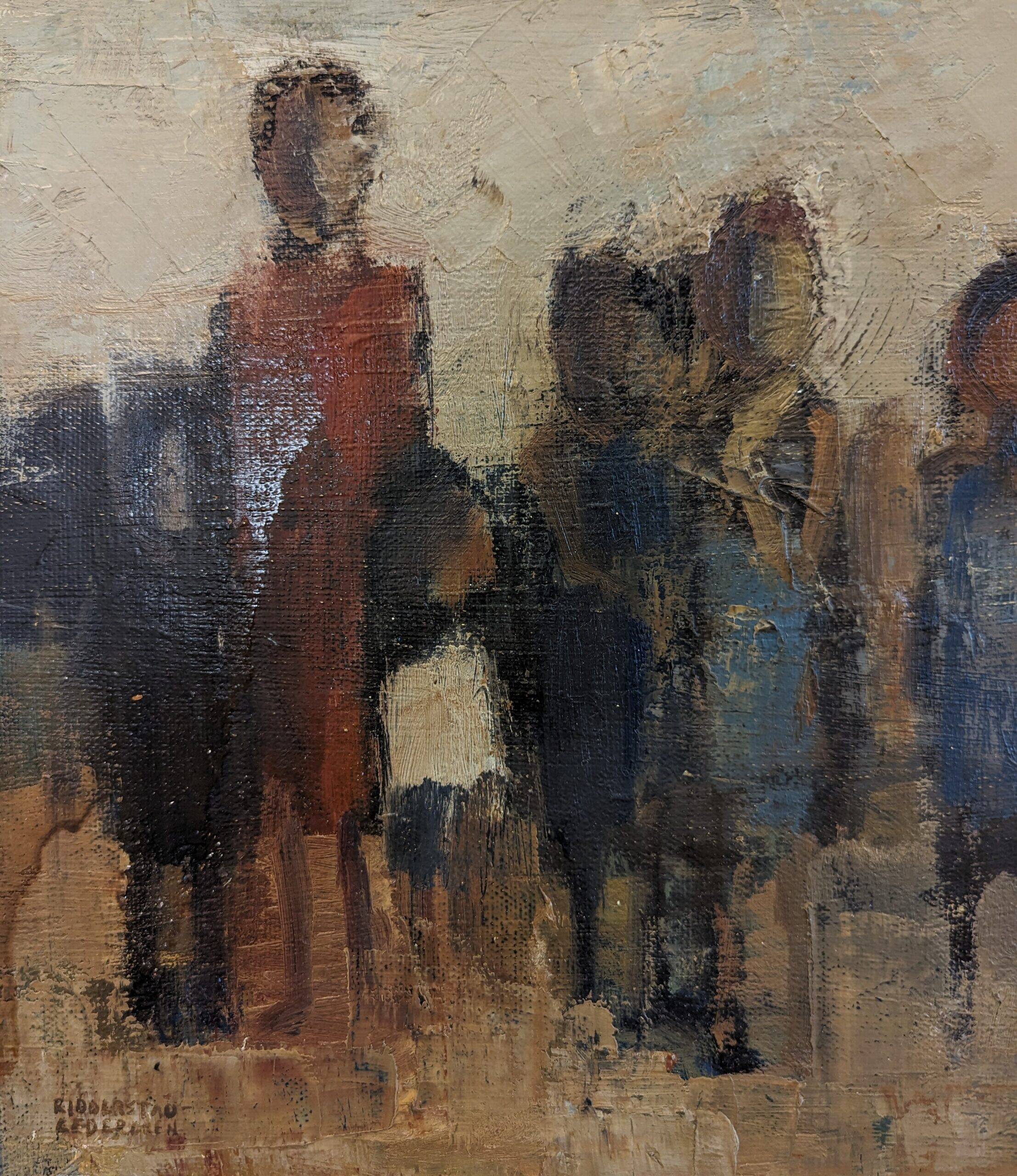 Mid-Century Modern Swedish "Assemble", Vintage Figurative Oil Painting, Framed