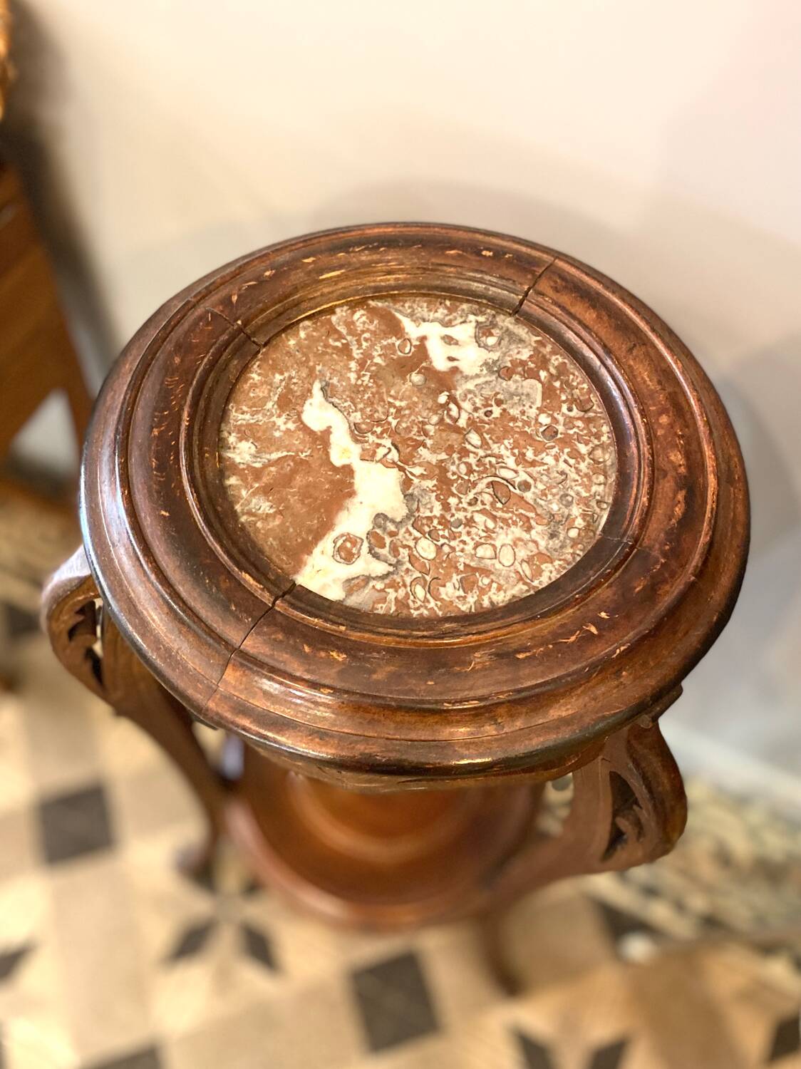 Art Nouveau wooden and marble stool