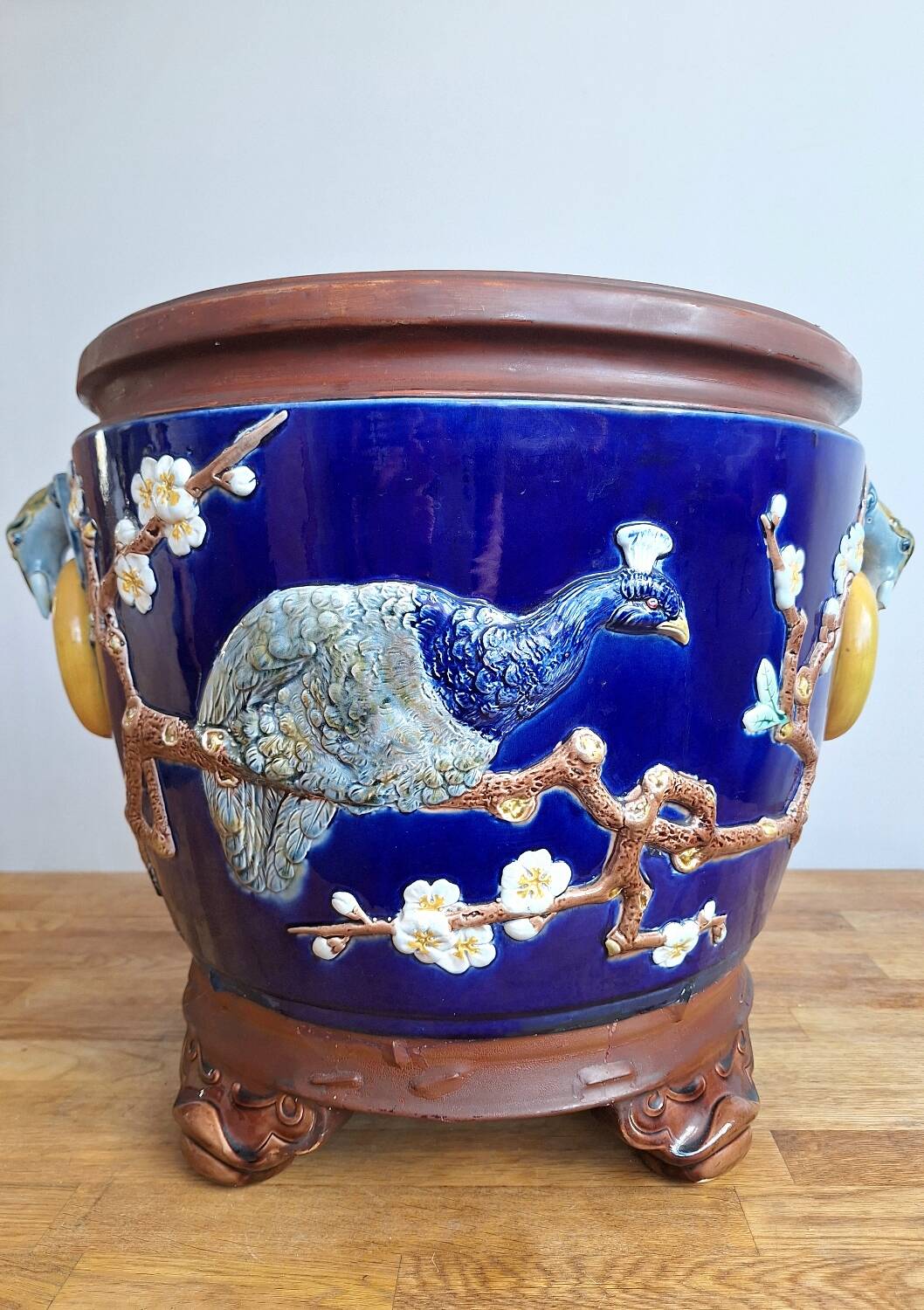 Large antique majolica cache pot, planter by Joseph Holdcroft.