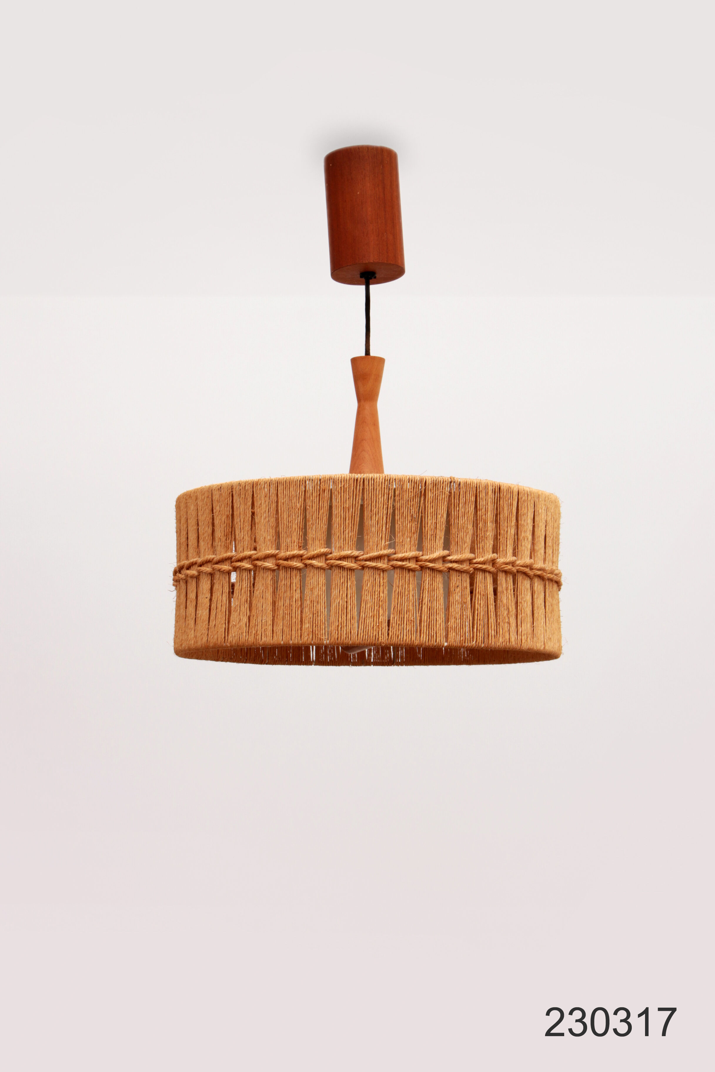 Vintage Temde Hanging Lamp with Teak and Raffia 1960s Germany.