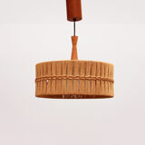 Vintage Temde Hanging Lamp with Teak and Raffia 1960s Germany.