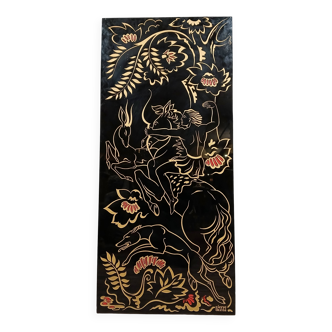Pierre Dumas 1895/1976: Large engraved glass panel with decorations of a mythological scene in color