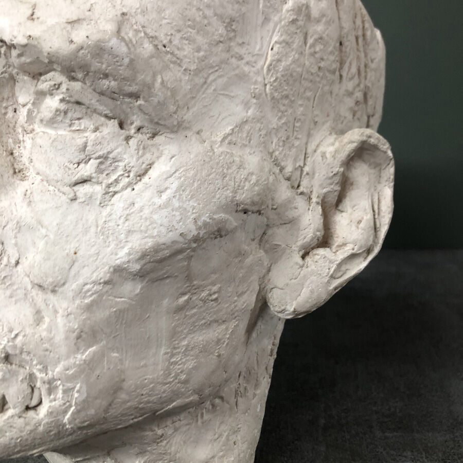 Head of a man with a plaster mustache