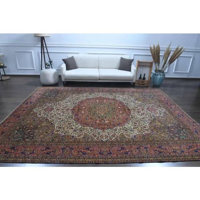 1960s Vintage Persian Handmade Wool Cotton Light Red Area Rug 253x340