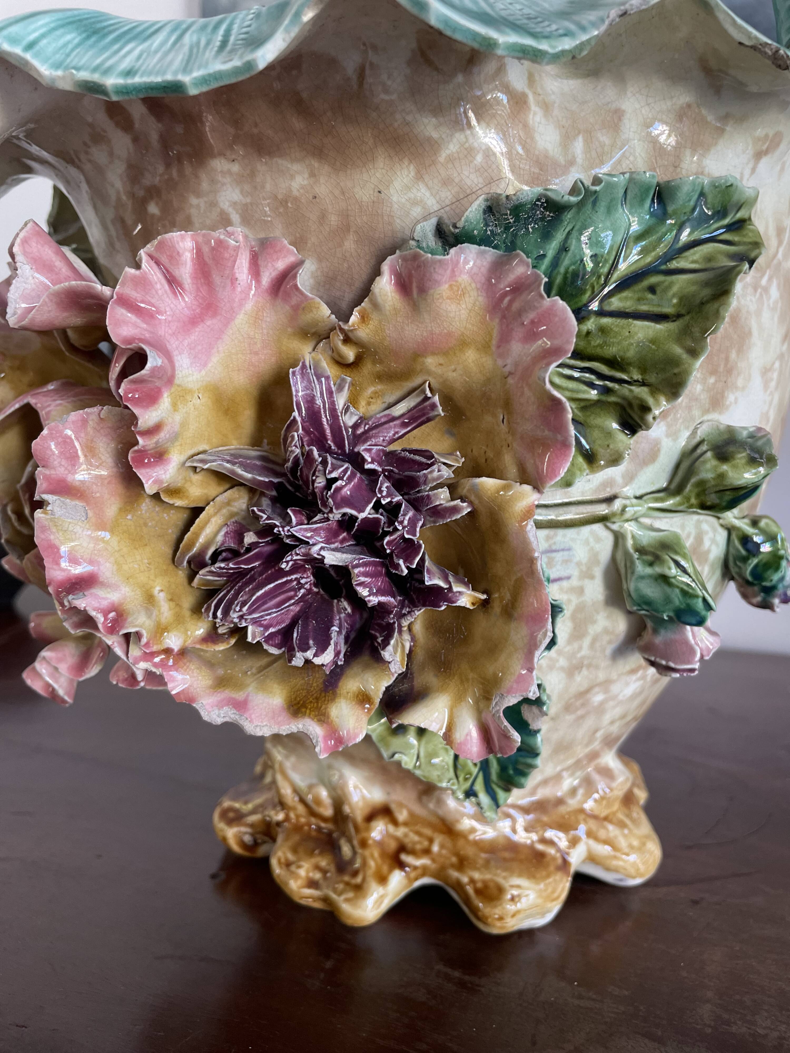 Large antique planter in majolica – relief floral decoration