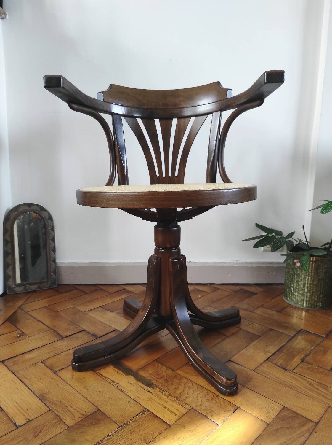 Vintage swivel office chair with curved wood and caning (Thonet style)