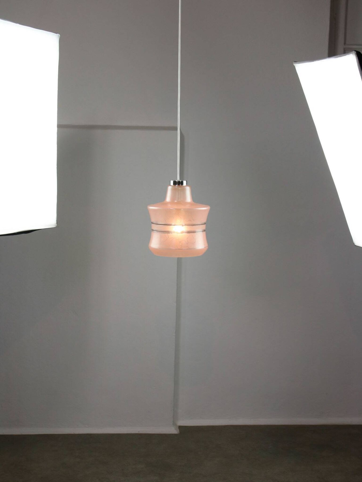 Vintage Italian Chrome and Pink Glass Pendant Lamp