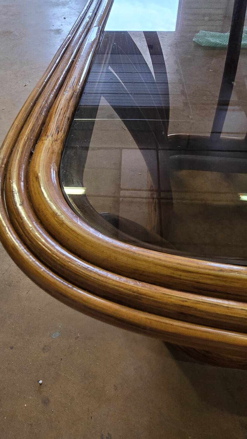 Rattan and smoked glass coffee table, vintage 1970s design.