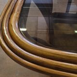 Rattan and smoked glass coffee table, vintage 1970s design.