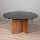 Table ronde vintage 70's en travertin et verre, design italien